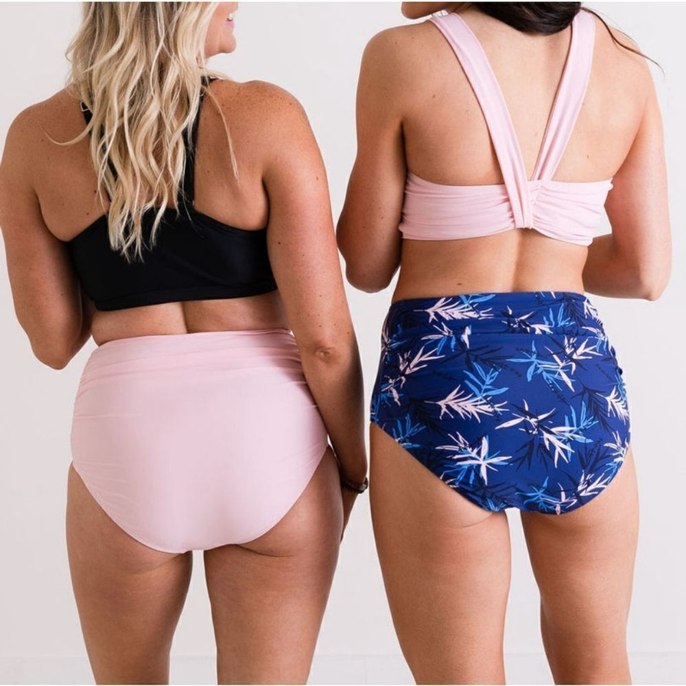 NWT 2XL High Waist Ruched Bikini Swimsuit Bottom Blue Palm - Picture 14 of 16